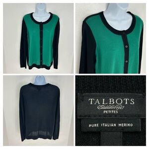 Talbots Colorblock 100% Merino Wool Sweater Petite Large‎ Black Green Career
